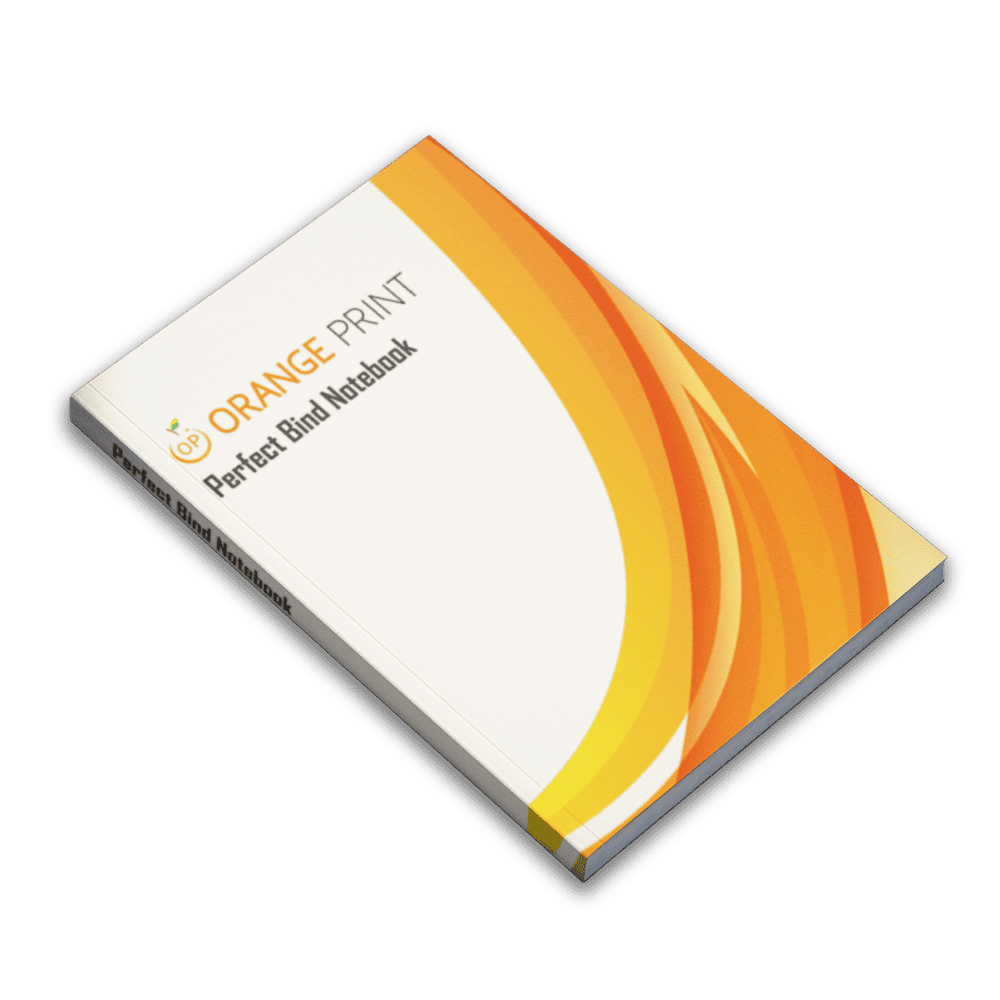 Orange Print notebook with orange and yellow wave design on cover.