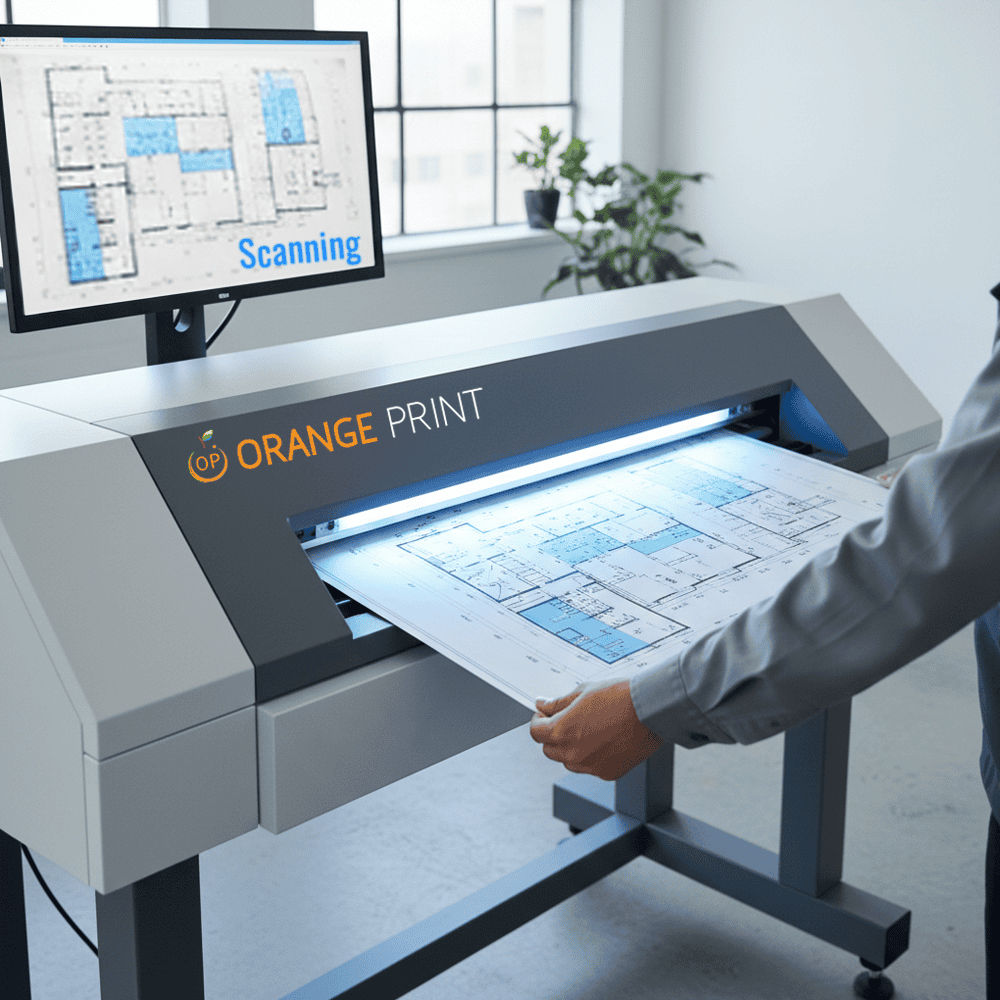Commercial scanner scanning architectural blueprints at Orange Print Singapore.