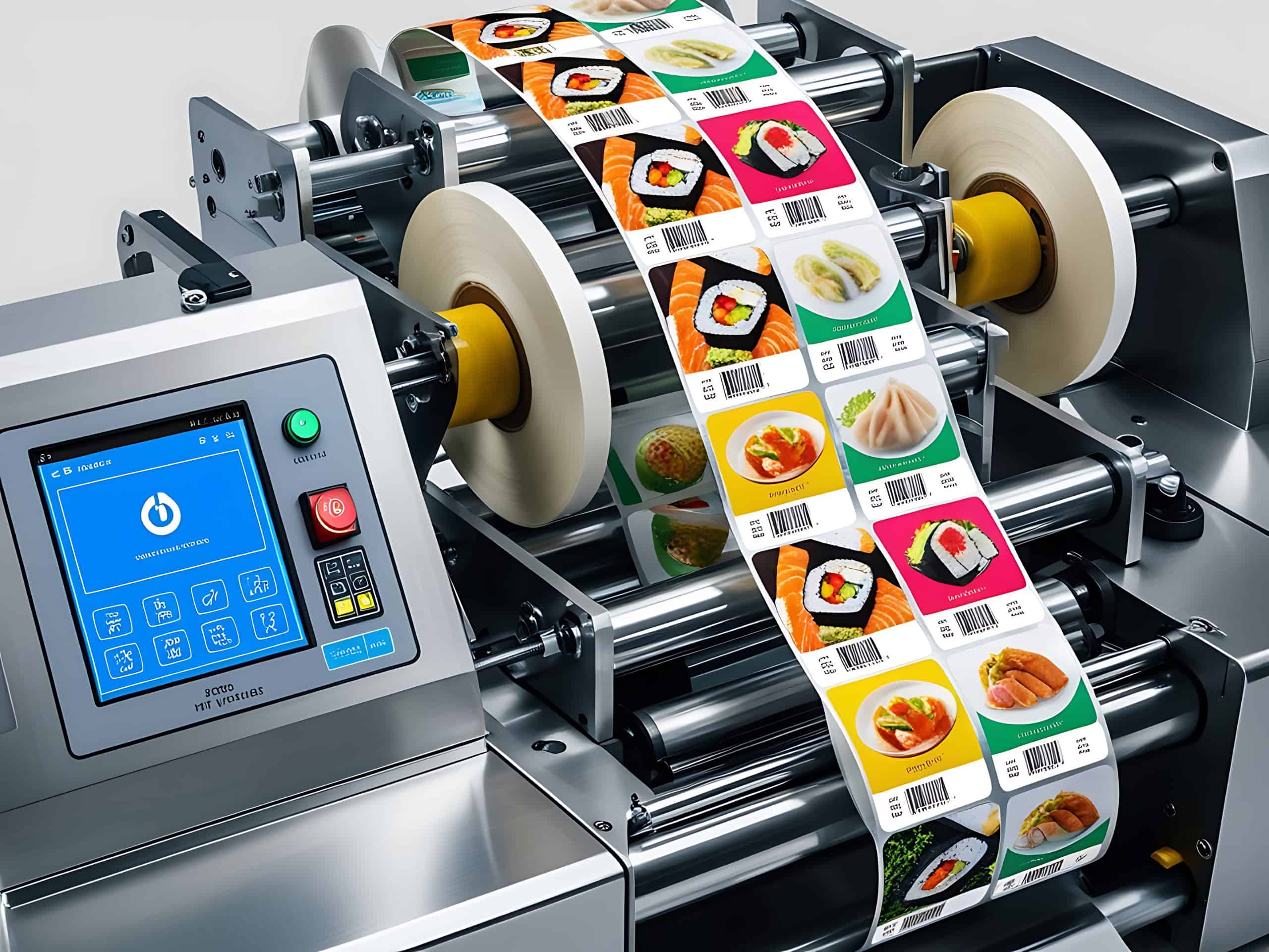 Industrial printing machine producing colorful custom stickers and product labels, representing sticker and label printing services in Singapore for packaging and branding.