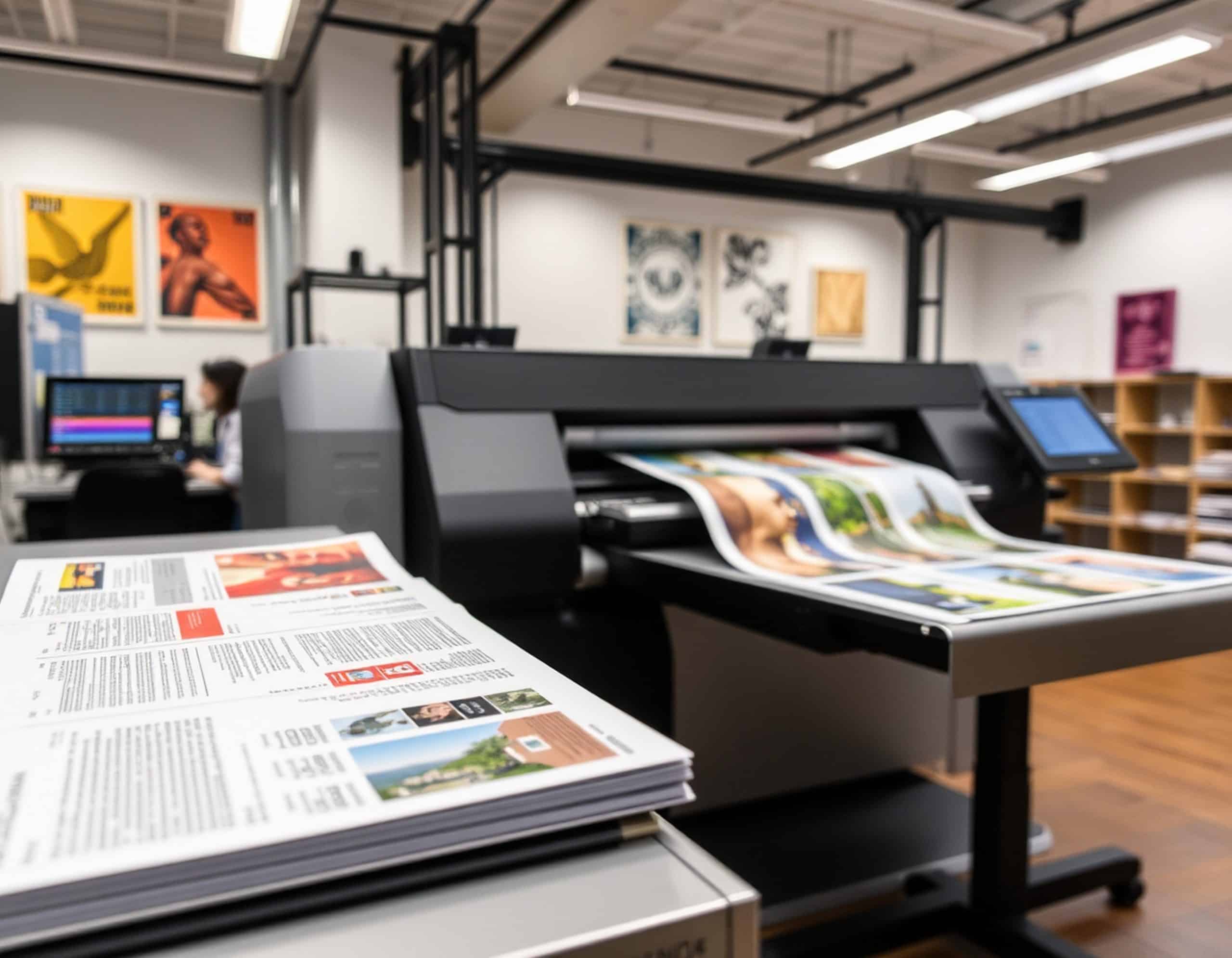 Modern printing shop with a large-format printer producing high-quality prints and stacked documents in the foreground, representing how to find a reliable printing shop in Singapore (2026 guide).