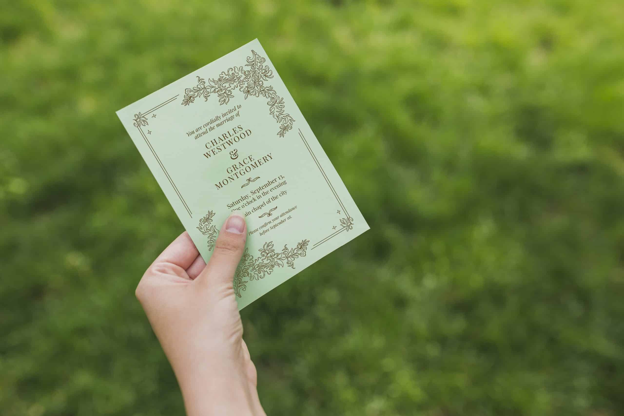 Hand holding an elegant wedding invitation card outdoors, representing wedding invitation printing in Singapore with focus on paper quality, design, and aesthetics.