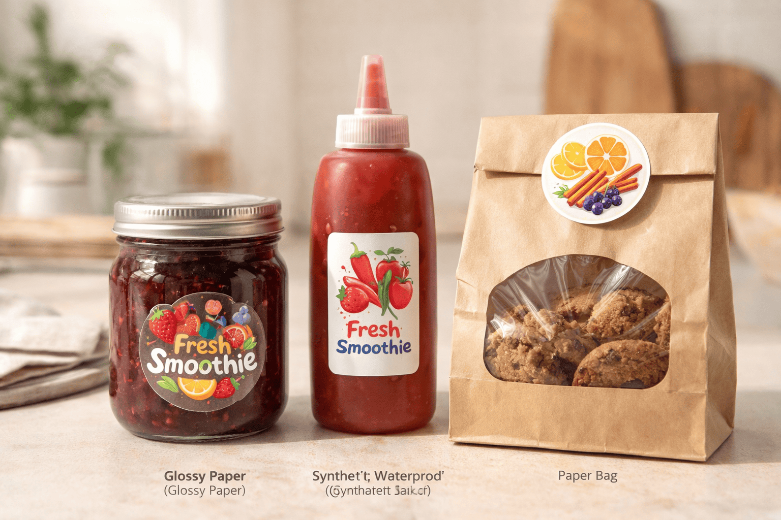 Custom food label stickers on glass jar, sauce bottle, and paper bag