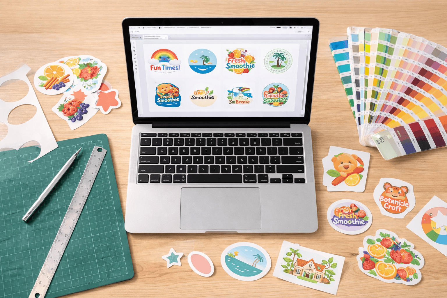 Designer workspace with laptop showing custom sticker designs and colour swatches
