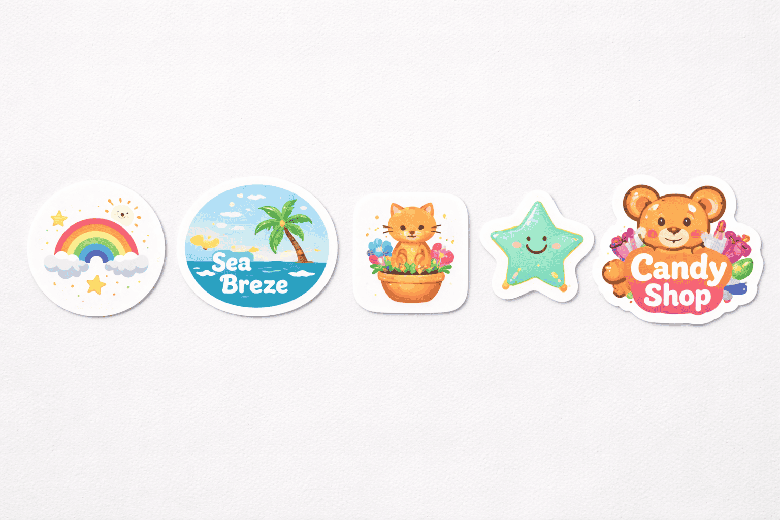 Five die cut sticker shapes — circle, oval, rounded square, star, and custom shape