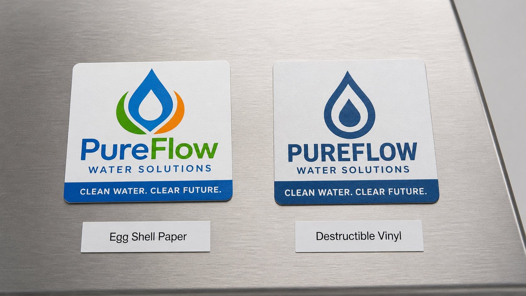 Side-by-side comparison of egg shell paper sticker and destructible vinyl sticker on stainless steel