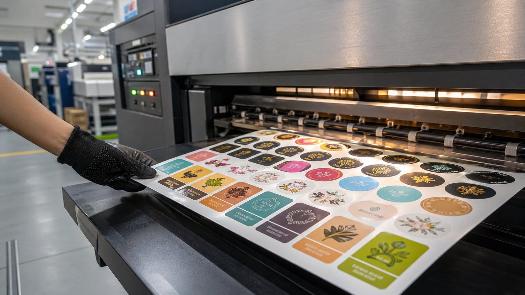 Egg shell sticker sheet emerging from a digital production printer at an Orange Print Singapore facility