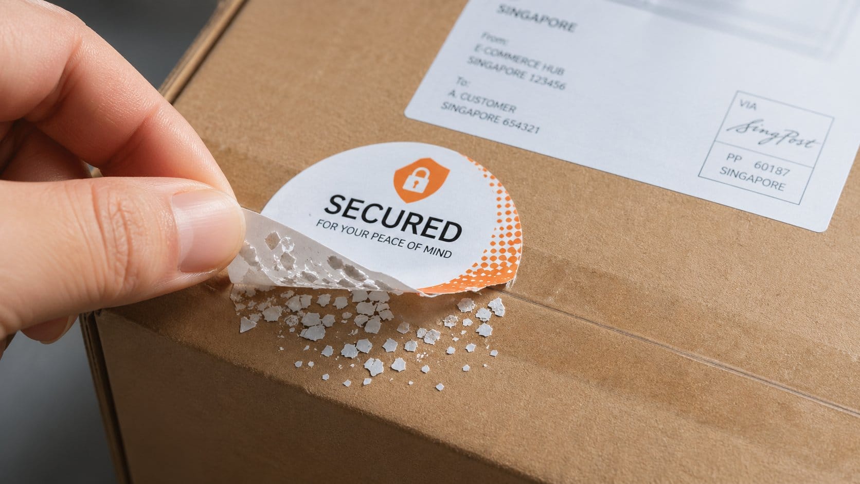 Custom egg shell security sticker fragmenting as it's peeled from a parcel seal in Singapore
