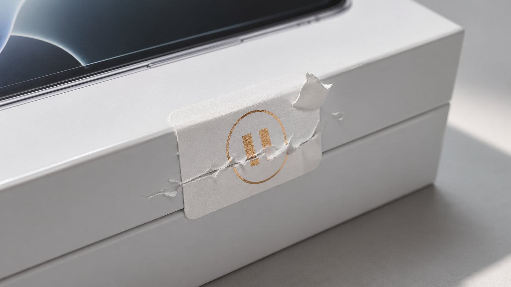 Egg shell warranty seal sticker on a premium smartphone box showing tamper indication