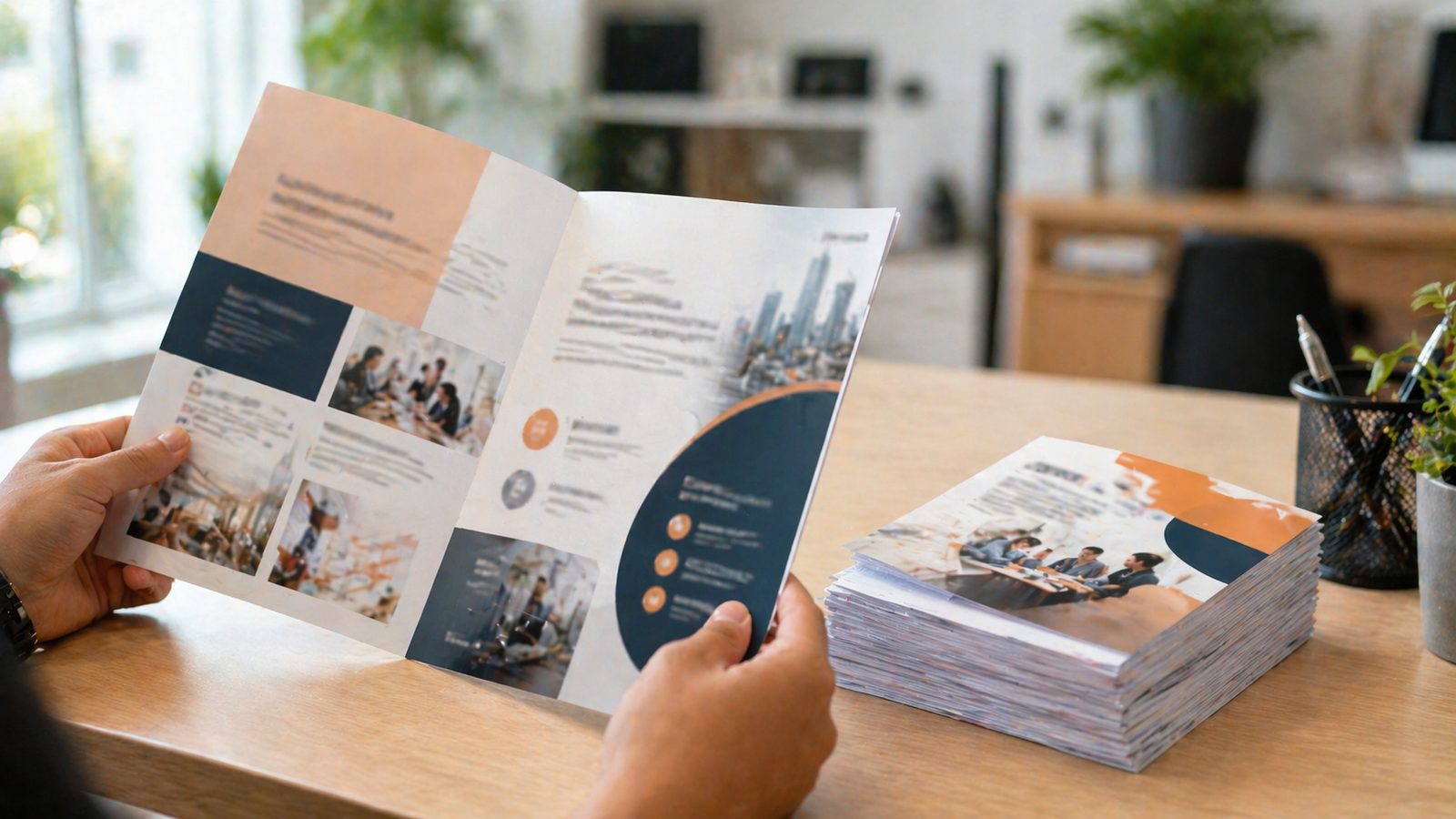Stack of A5 flyers printed by Orange Print on a workspace desk
