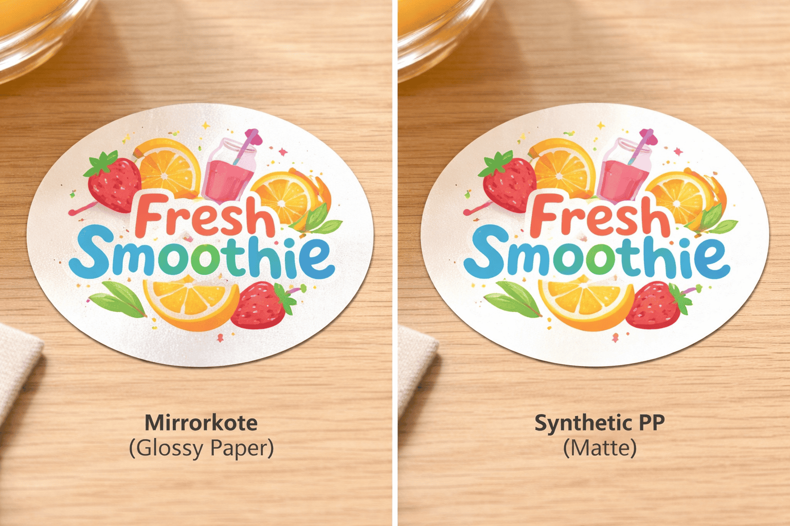 Side by side comparison of mirrorkote glossy sticker and synthetic PP matte sticker