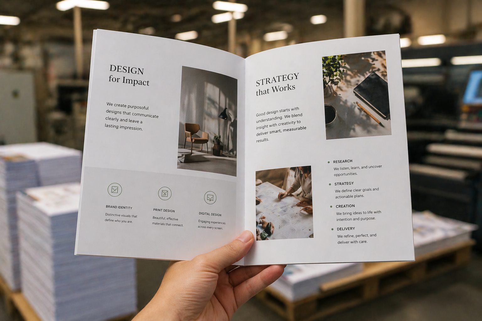 A saddle-stitch booklet held open in a print workshop