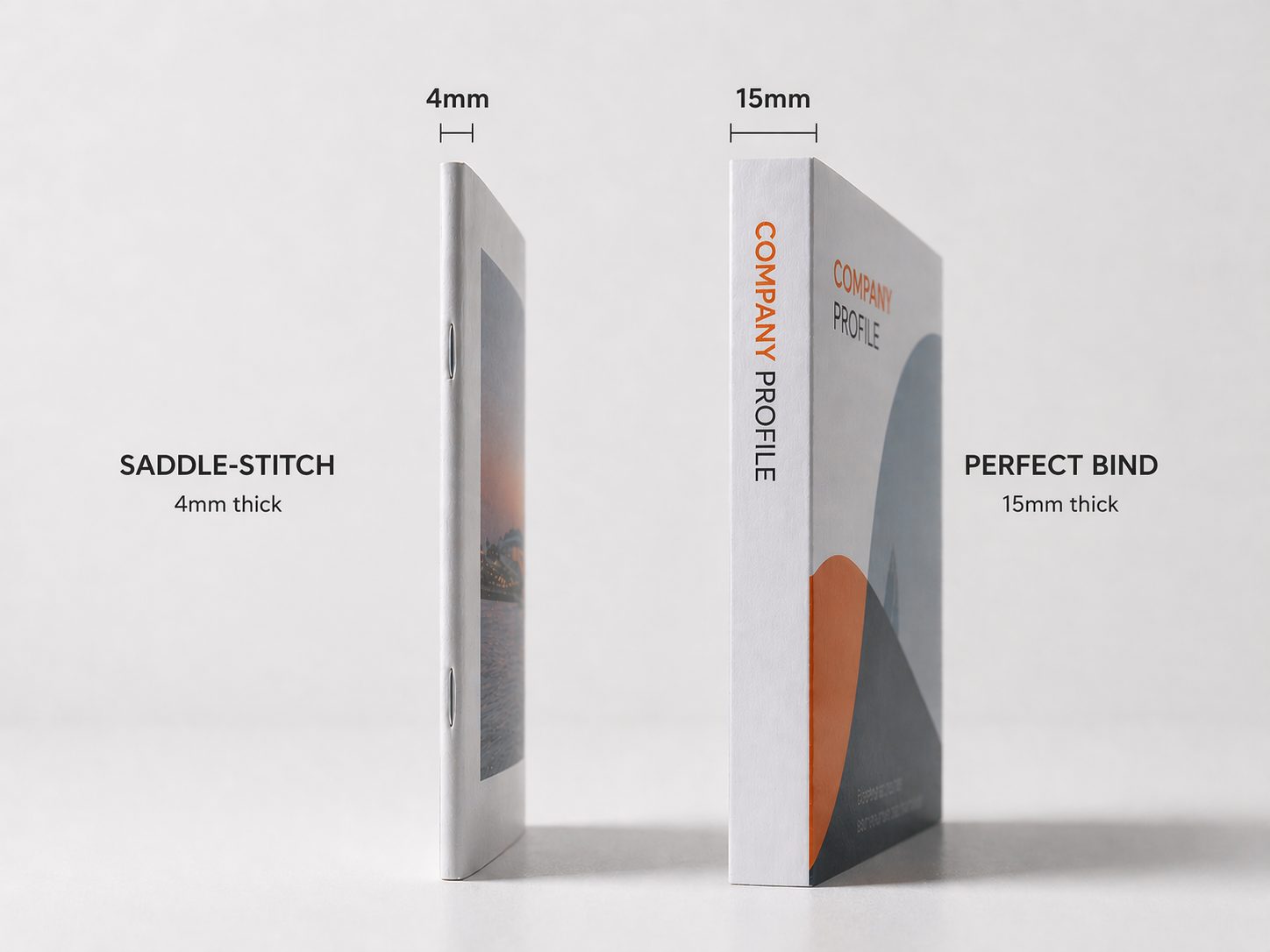 Saddle-stitch 4mm booklet compared to 15mm perfect-bound booklet side by side