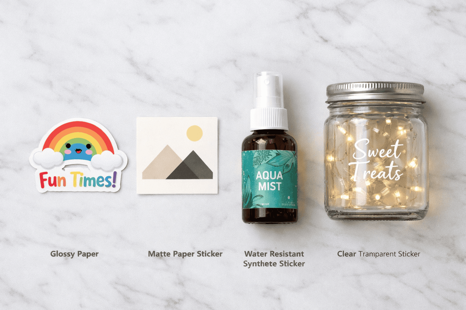 Comparison of four sticker materials — glossy paper, matte paper, water resistant synthetic, and clear transparent