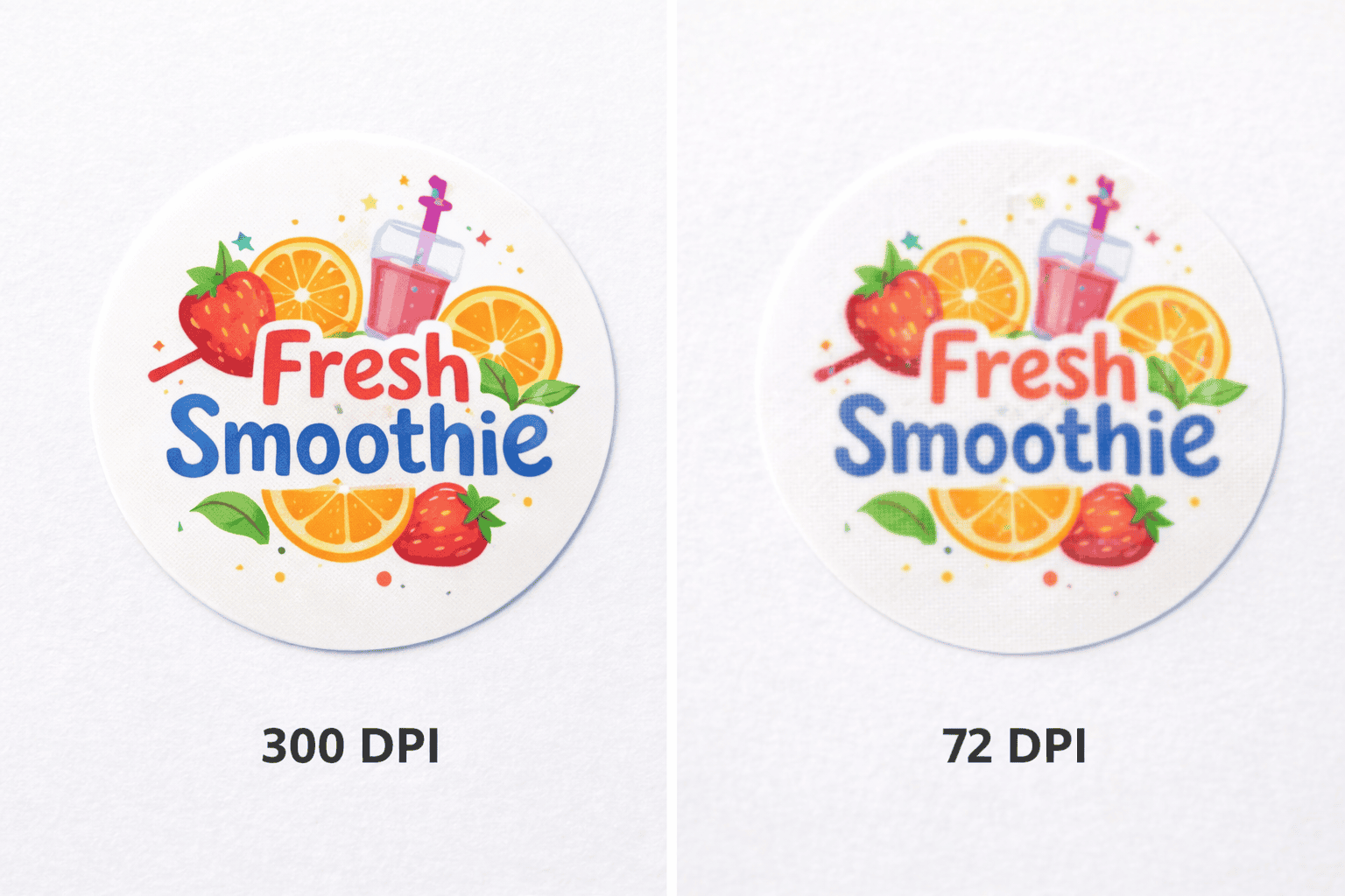 Print quality comparison — 300 DPI sharp sticker vs 72 DPI blurry sticker