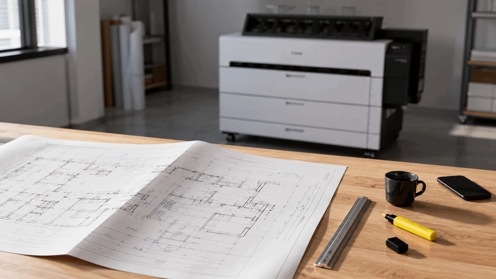 Architectural A1 floor plan on a desk with a large-format plotter in the background at the Orange Print plot printing facility in Singapore