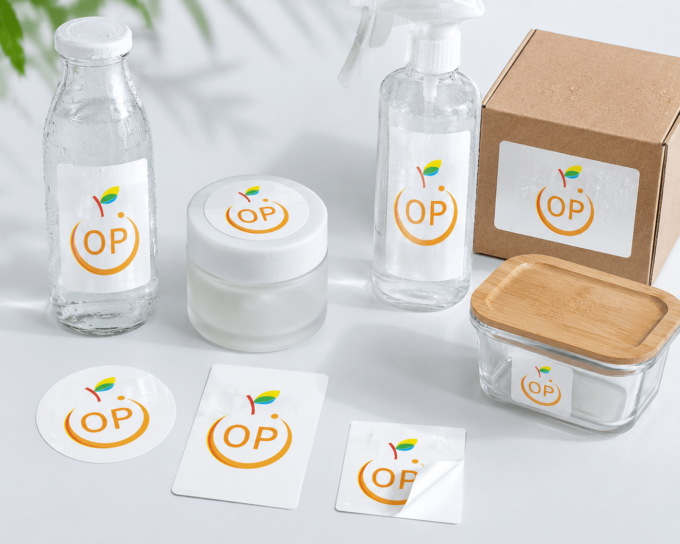 Waterproof PP/PET label stickers shown on glass bottles, cosmetic jars and packaging with Orange Print logo, Singapore