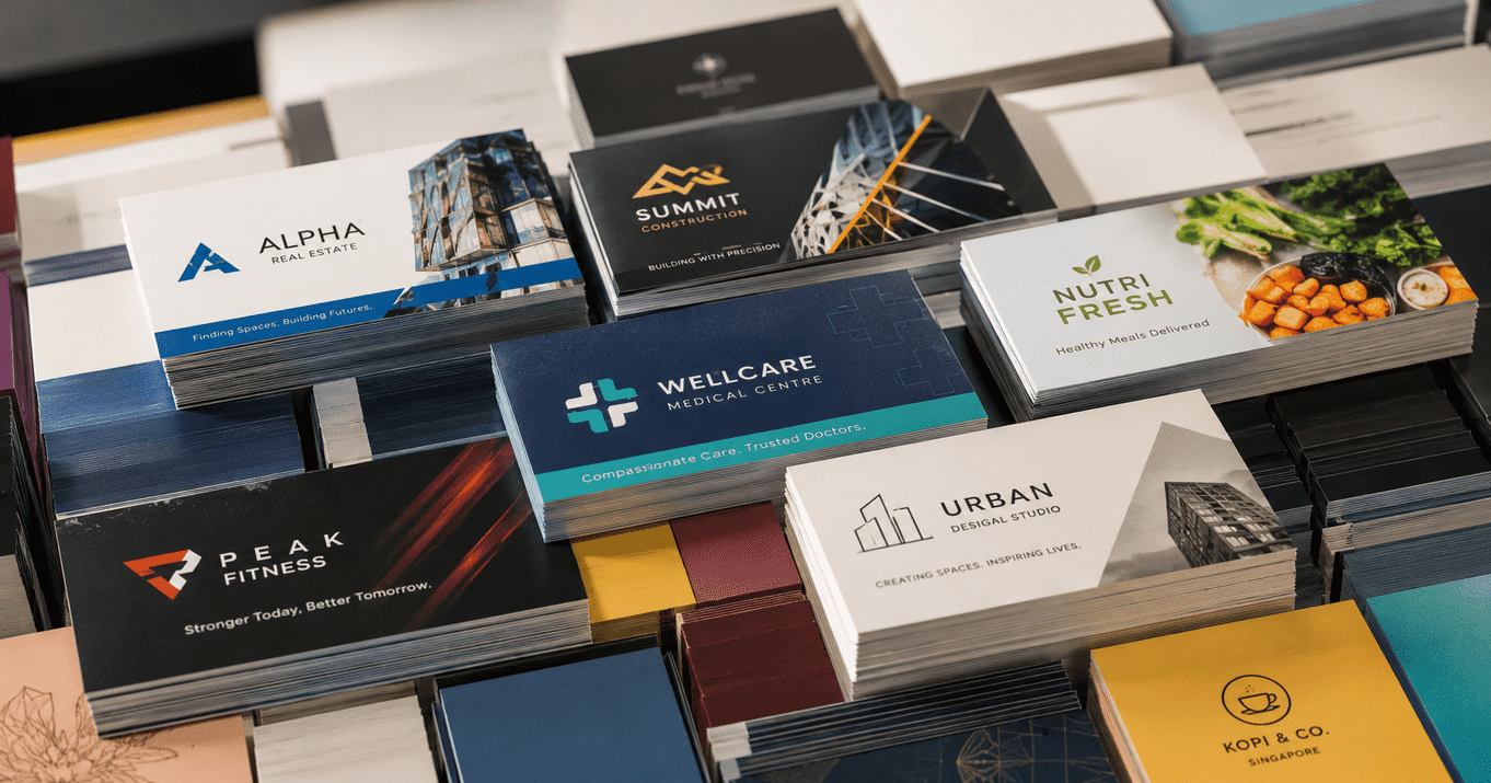 Business card printing preparation guide featuring professionally printed business cards with custom designs, proper bleed, safe margins, and bulk order quantities.