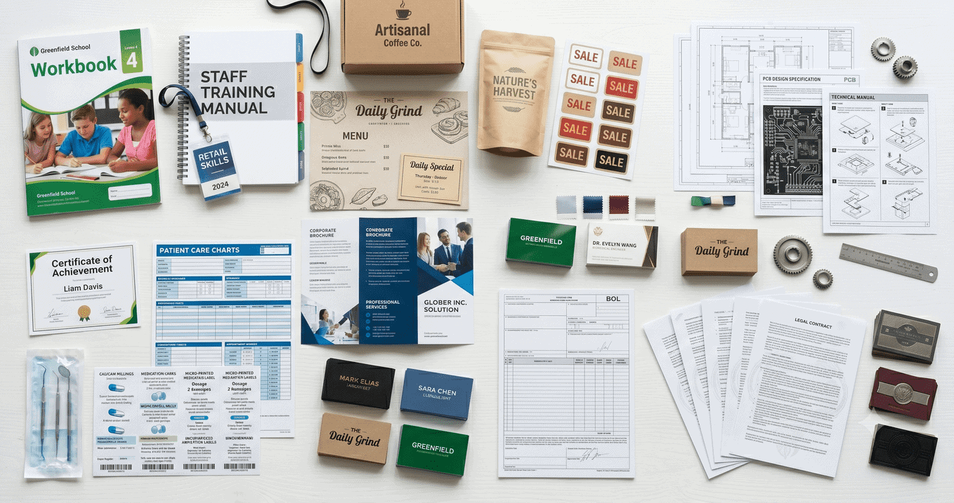 Wide range of professionally printed business materials including brochures, manuals, certificates, business cards, labels, packaging, forms, and marketing collateral used by businesses in 2026.