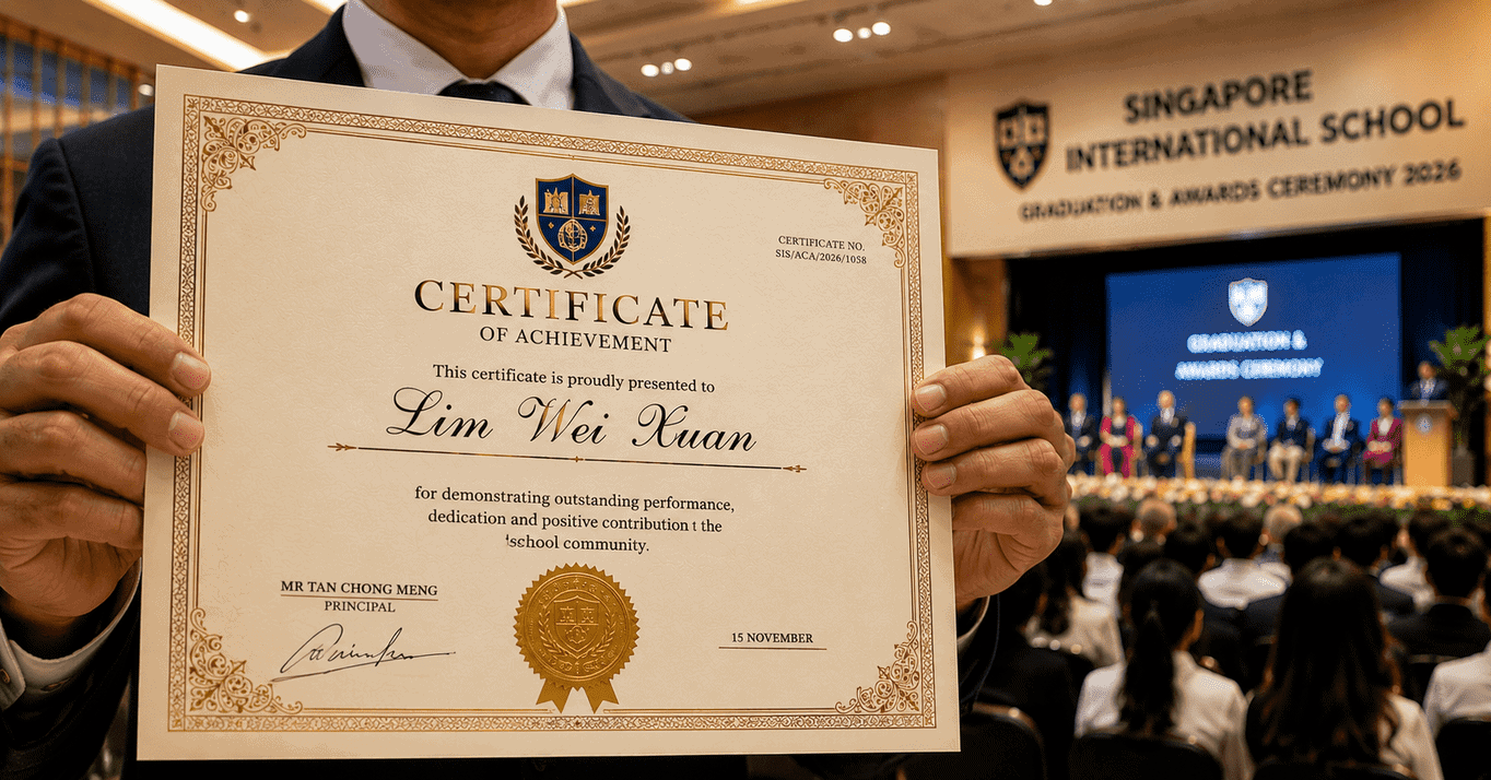 Custom printed certificate with premium finish for graduation, training and recognition events in Singapore.