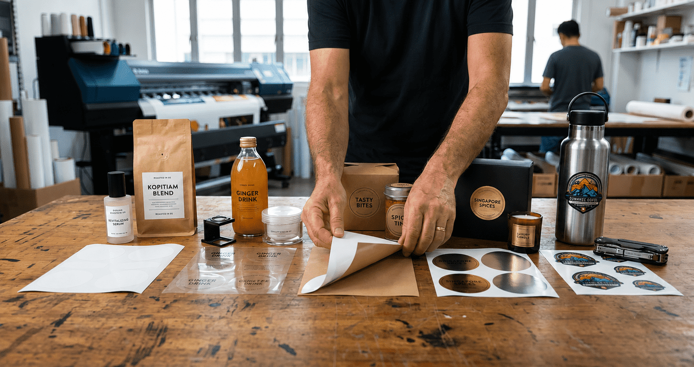 Various custom sticker materials displayed alongside branded product packaging, labels, bottles, jars, and promotional items, illustrating how to choose the right sticker material for product labels and packaging in different business applications.