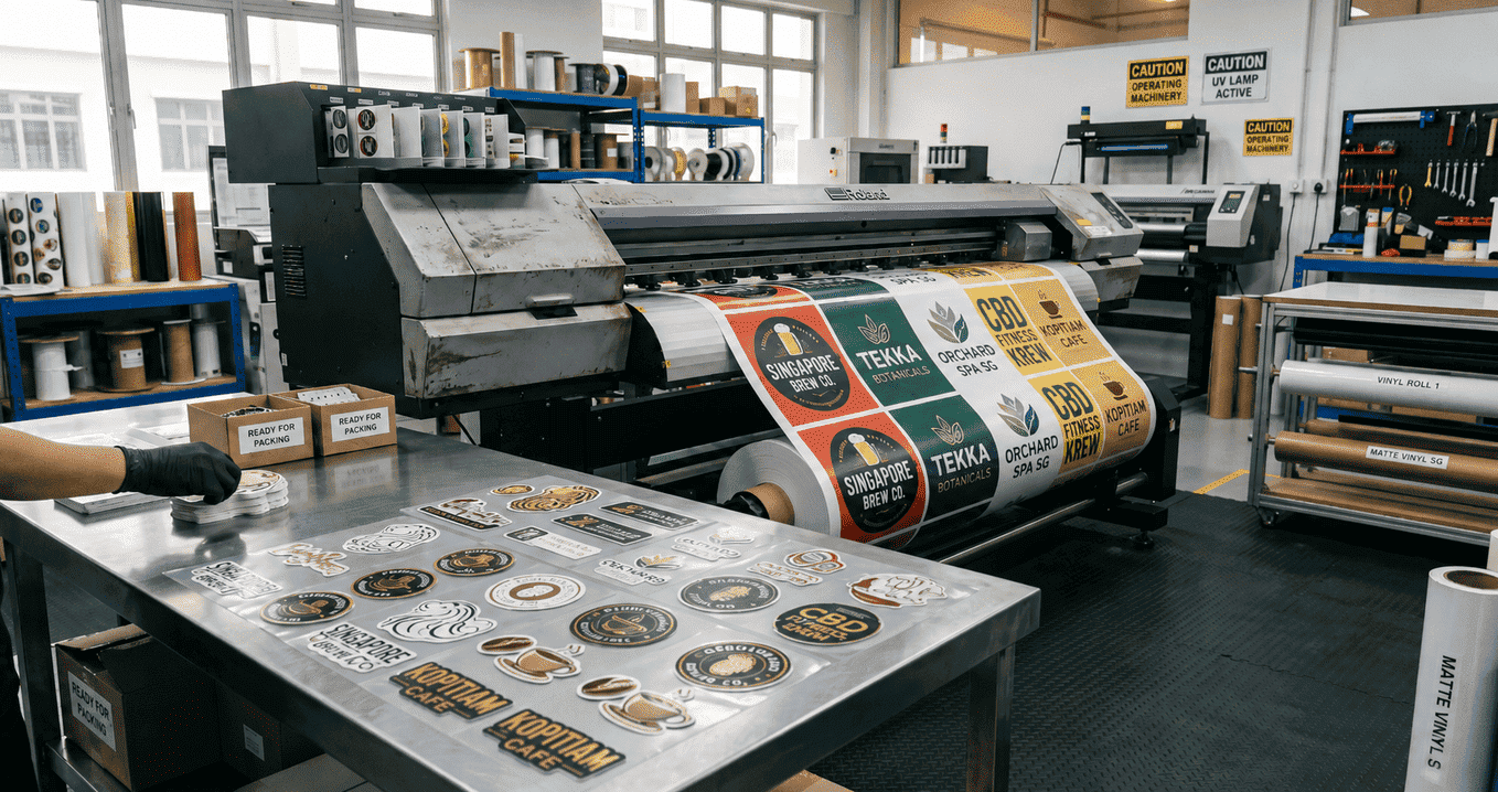 Custom sticker printing for business branding in Singapore, featuring a wide-format printer producing high-quality logo stickers, product labels, and promotional decals in a modern commercial printing facility.