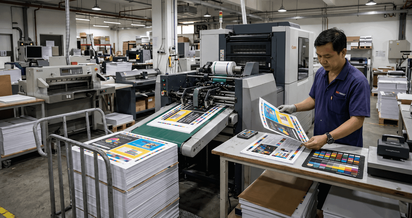Commercial digital printing press producing full-colour business marketing materials in a professional print facility.