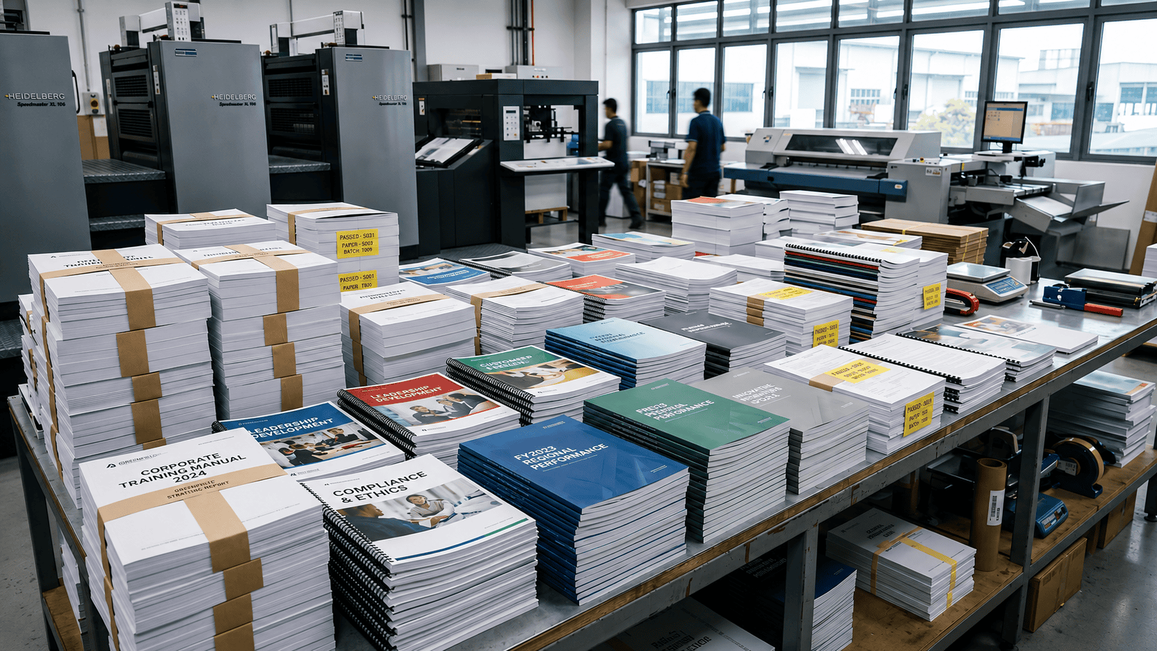 Commercial print shop managing bulk document printing with high-speed digital presses, stacks of manuals, reports, booklets, and business documents prepared for large-volume production.