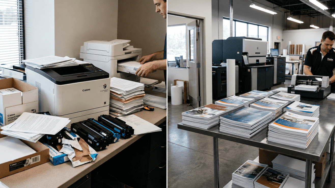 Comparison of in-house document printing and corporate document printing services showing an office printer handling documents alongside a professional print facility producing high-volume booklets and business materials.
