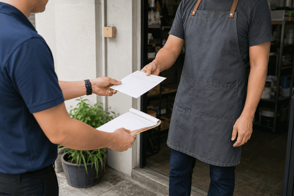 Driver handing a customer the top copy of an NCR delivery order book in Singapore