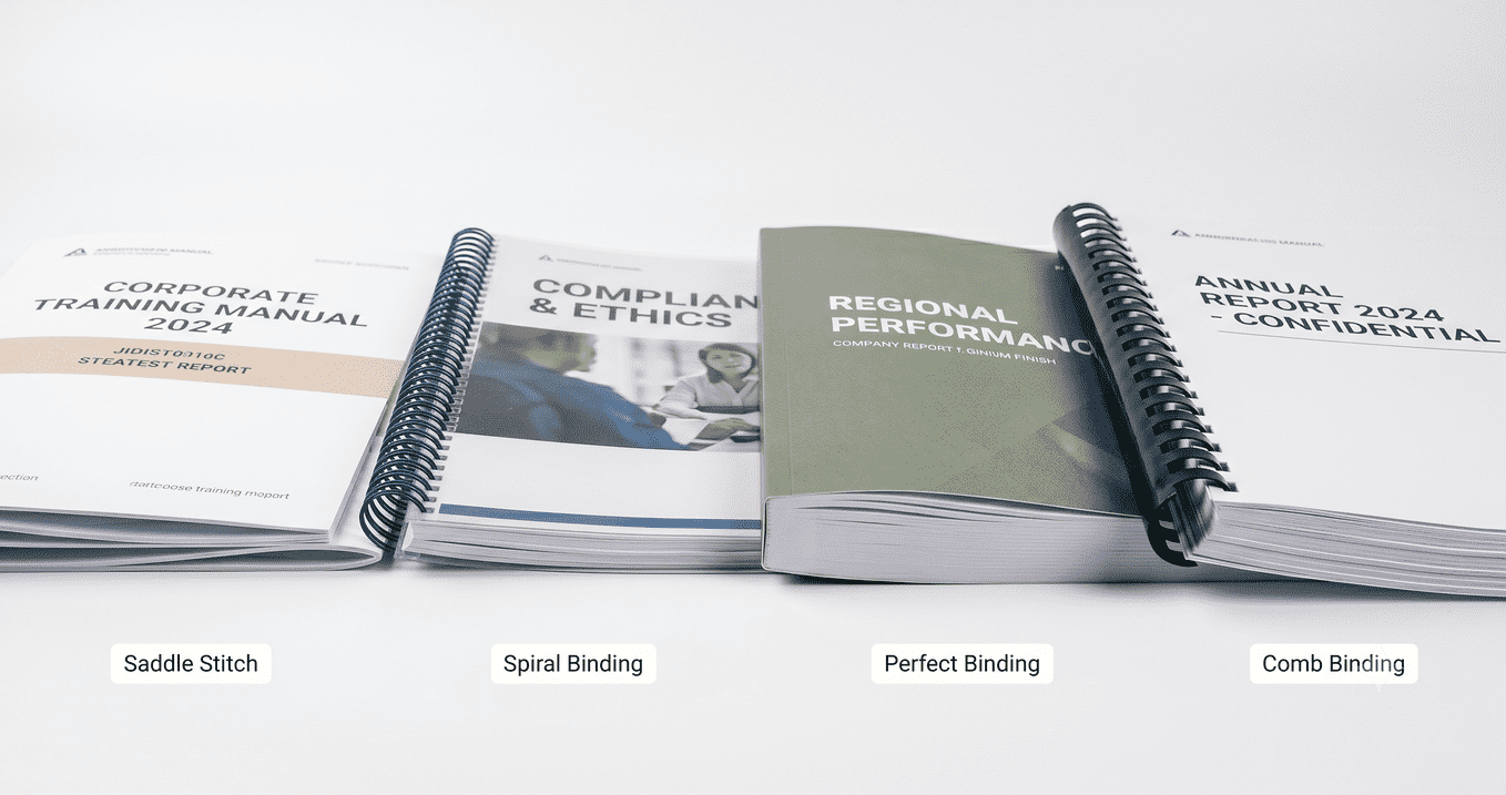 Document printing and binding services showcasing saddle stitch, spiral bound, perfect bound, and comb bound documents for professional business printing.