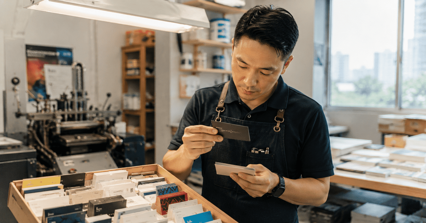 Print professional inspecting business card samples in a print workshop, comparing standard and premium business cards with different paper stocks, finishes, and print quality.