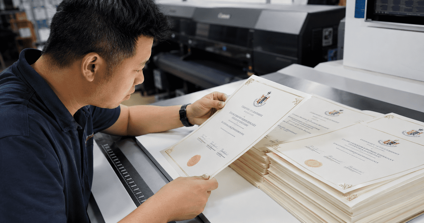 Expert inspecting personalised certificates produced using variable data printing, ensuring each certificate contains accurate names, dates, and course details before delivery.