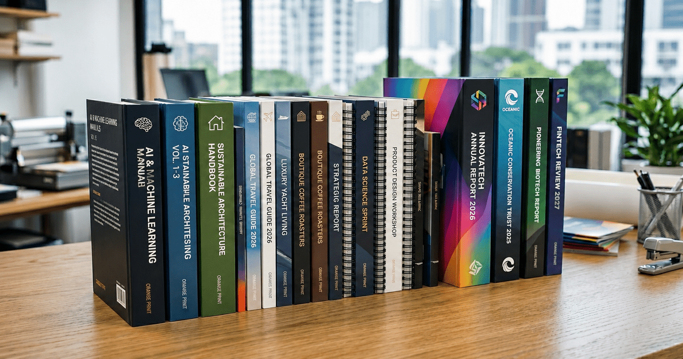 Collection of perfect bind booklets with square spines alongside spiral-bound books, showing the professional finish of perfect binding for reports, catalogues and manuals.