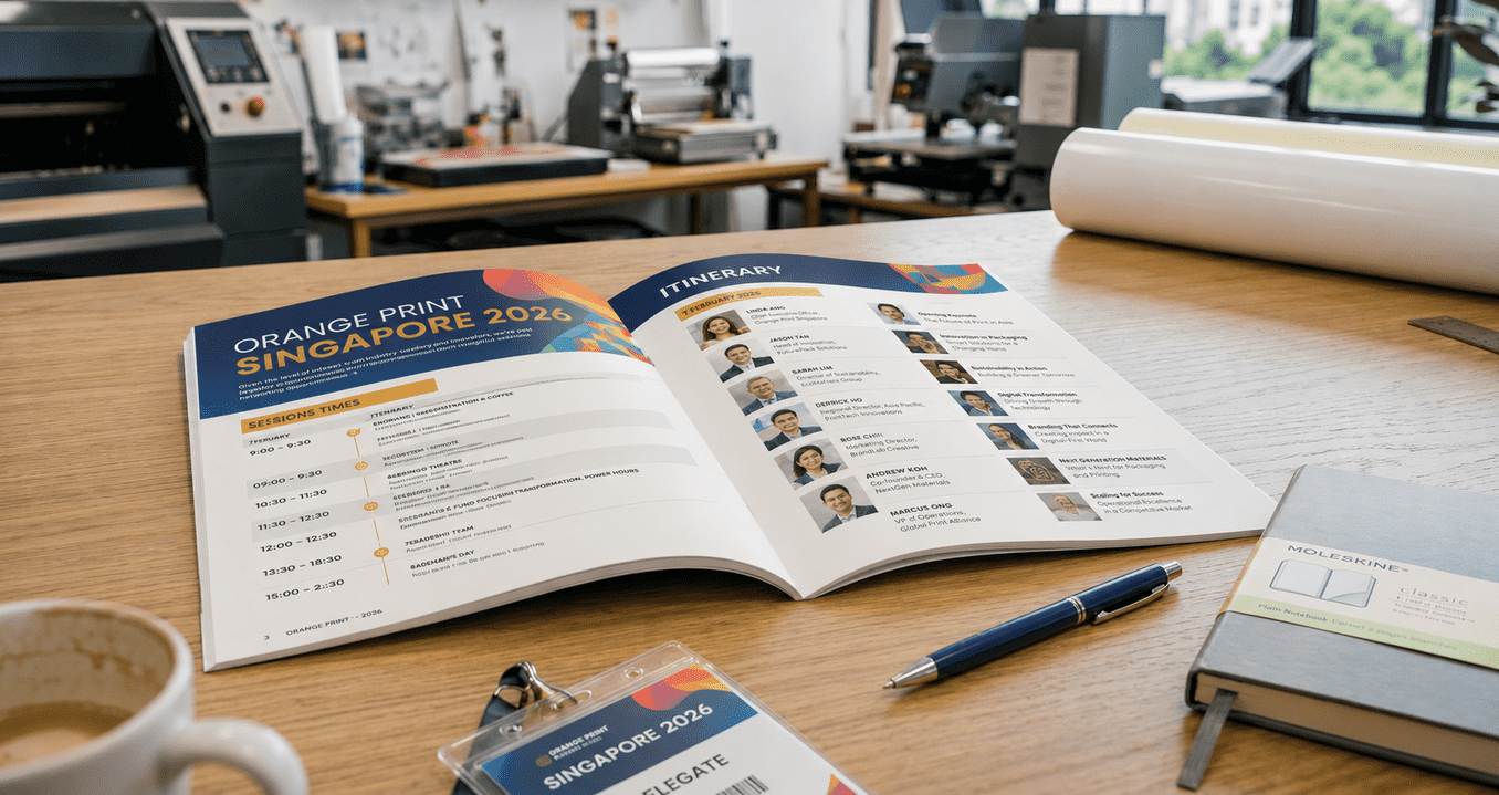 Saddle stitch booklet opened flat to display its stapled spine and easy-to-read pages for event programmes and training manuals.