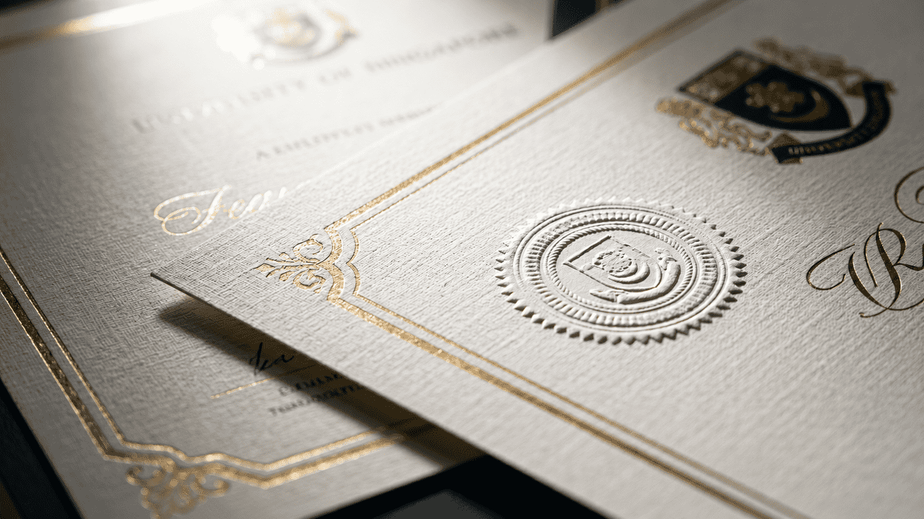 Close-up of professionally printed certificates with embossed seal, gold foil details and premium textured paper, showcasing high-quality certificate printing.