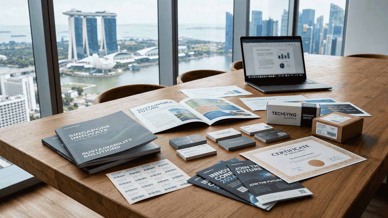 Professionally printed business materials including brochures, business cards, packaging and certificates on a conference table.