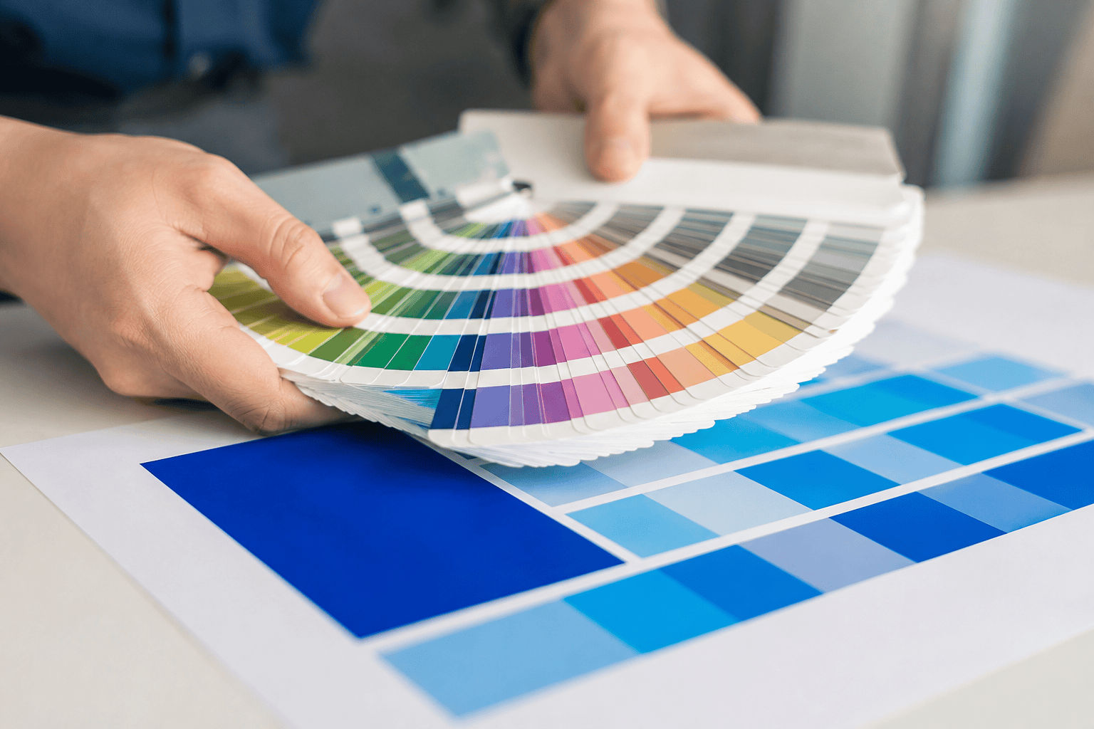 A fanned printed colour swatch book used to match a brand spot colour for printing