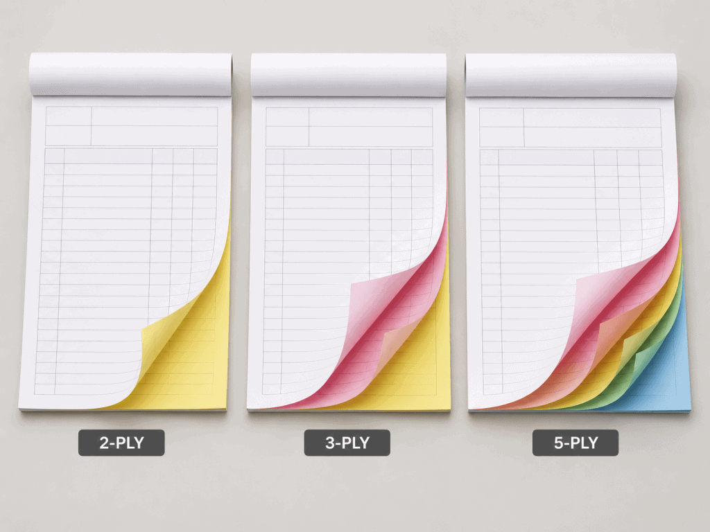 2-ply, 3-ply and multi-part NCR bill book sets compared side by side