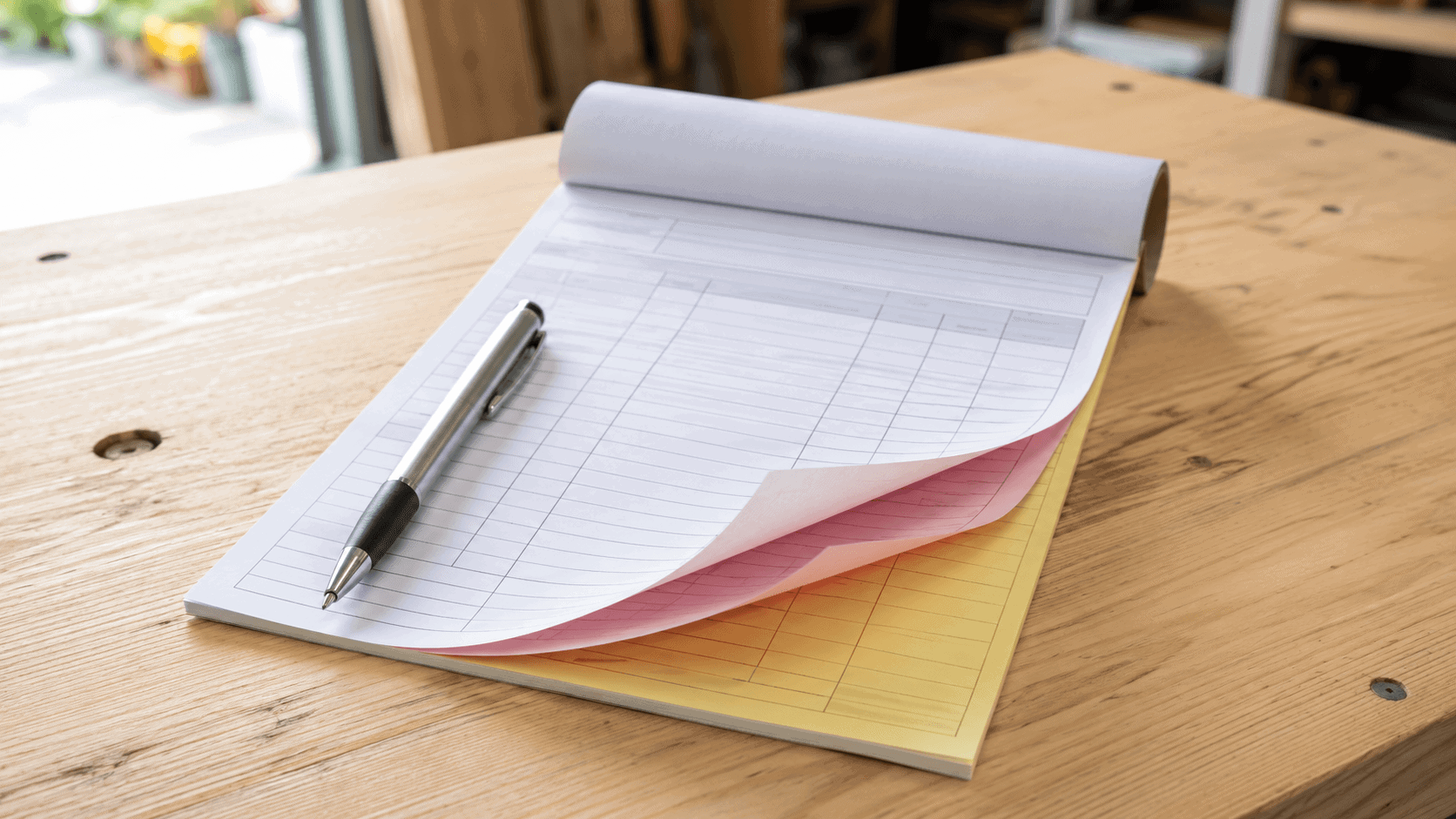 Open 3-ply NCR bill book with white, pink and yellow carbonless sheets on a counter in Singapore