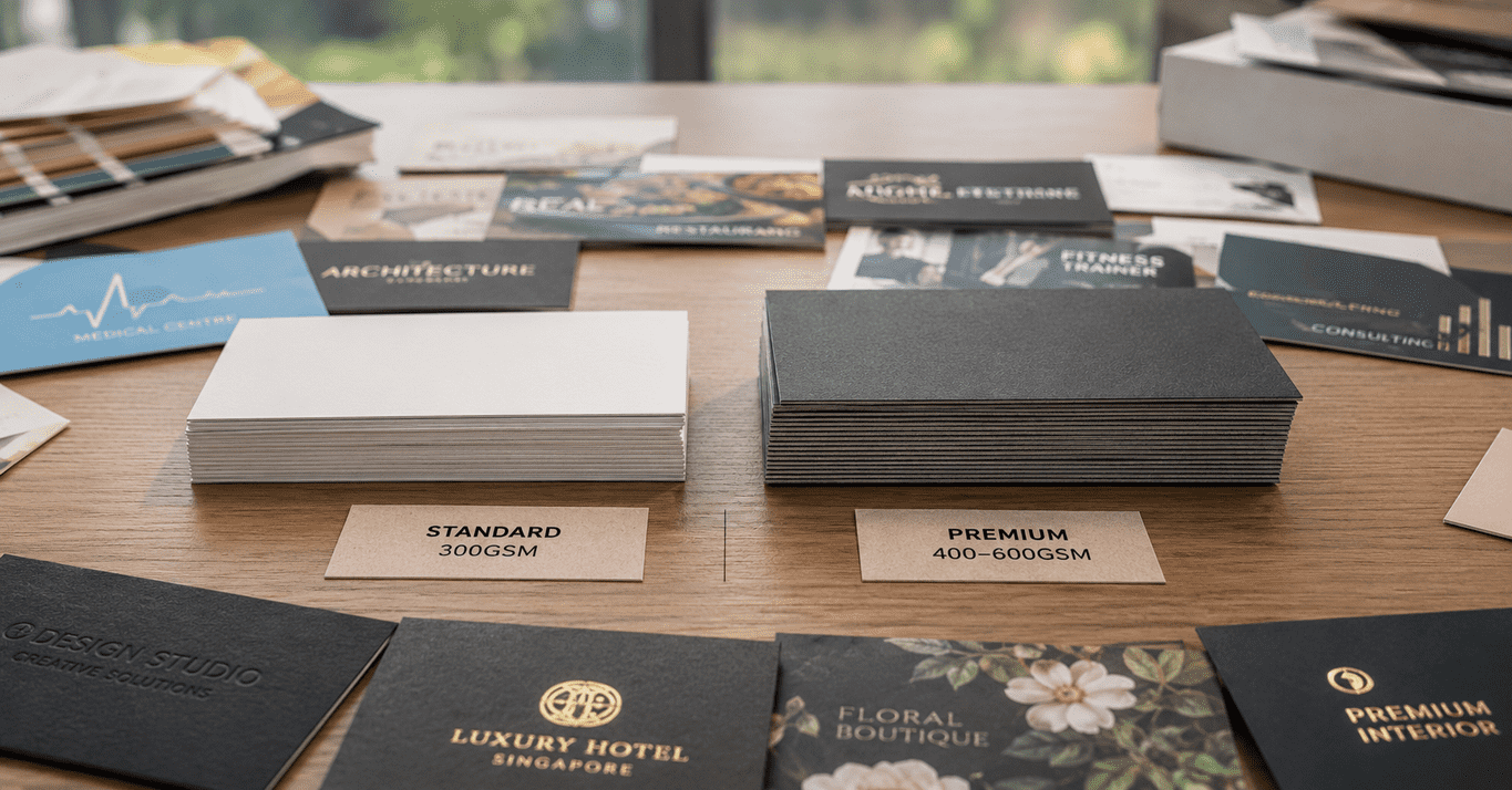 Standard vs premium business cards comparing 300gsm and 400–600gsm card thickness, showcasing differences in stock weight, rigidity, and premium print finishes such as matte lamination, foil stamping, and embossing.