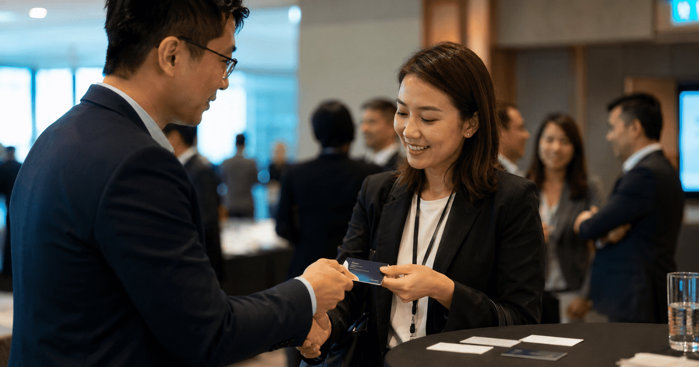 Professional networking scene where two business professionals exchange a business card, illustrating the importance of memorable, high-quality business cards that are more likely to be kept and remembered.