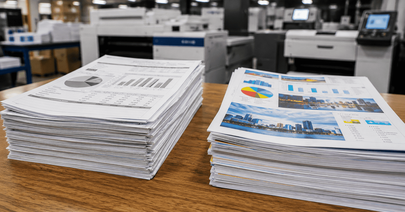 Side-by-side comparison of black-and-white and colour document printing, showing the difference in charts, graphics, readability, and overall print quality for business documents.
