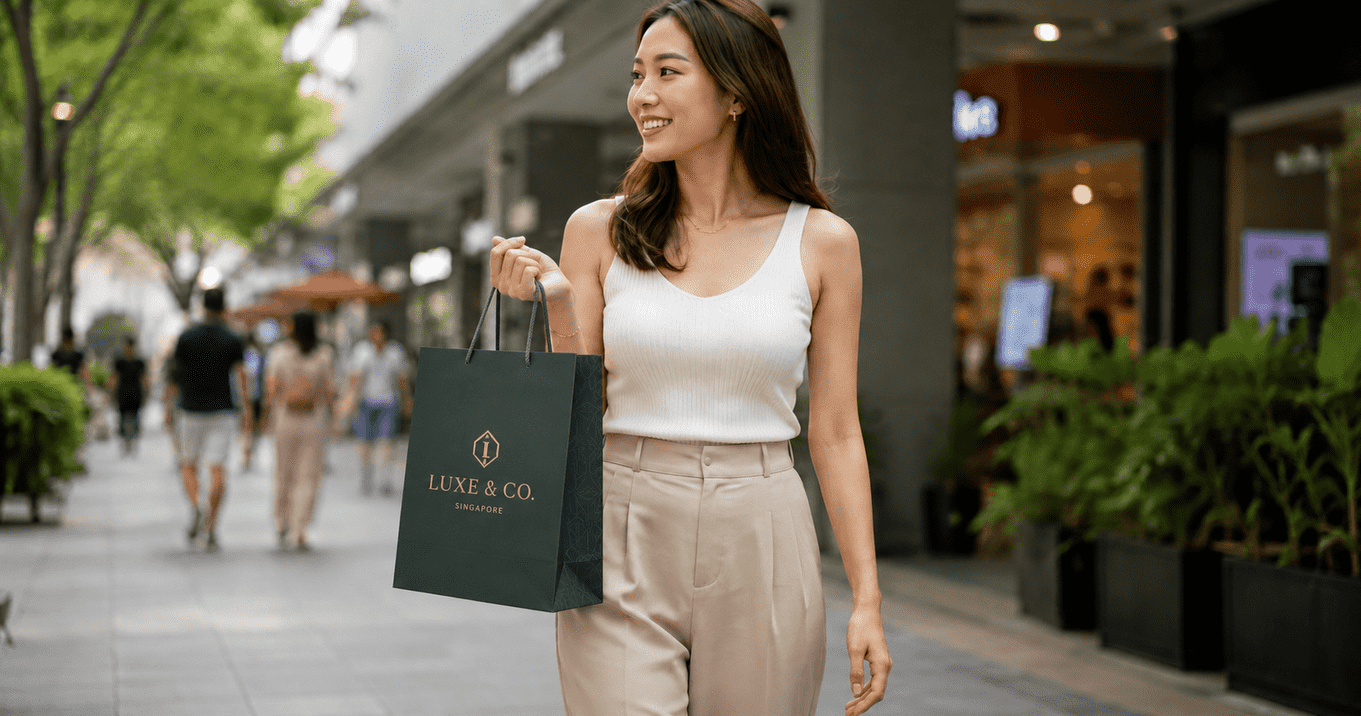 Smiling shopper carrying a luxury branded paper bag on a busy city street, demonstrating how custom printed paper bags help businesses gain brand visibility and turn every purchase into a walking advertisement.