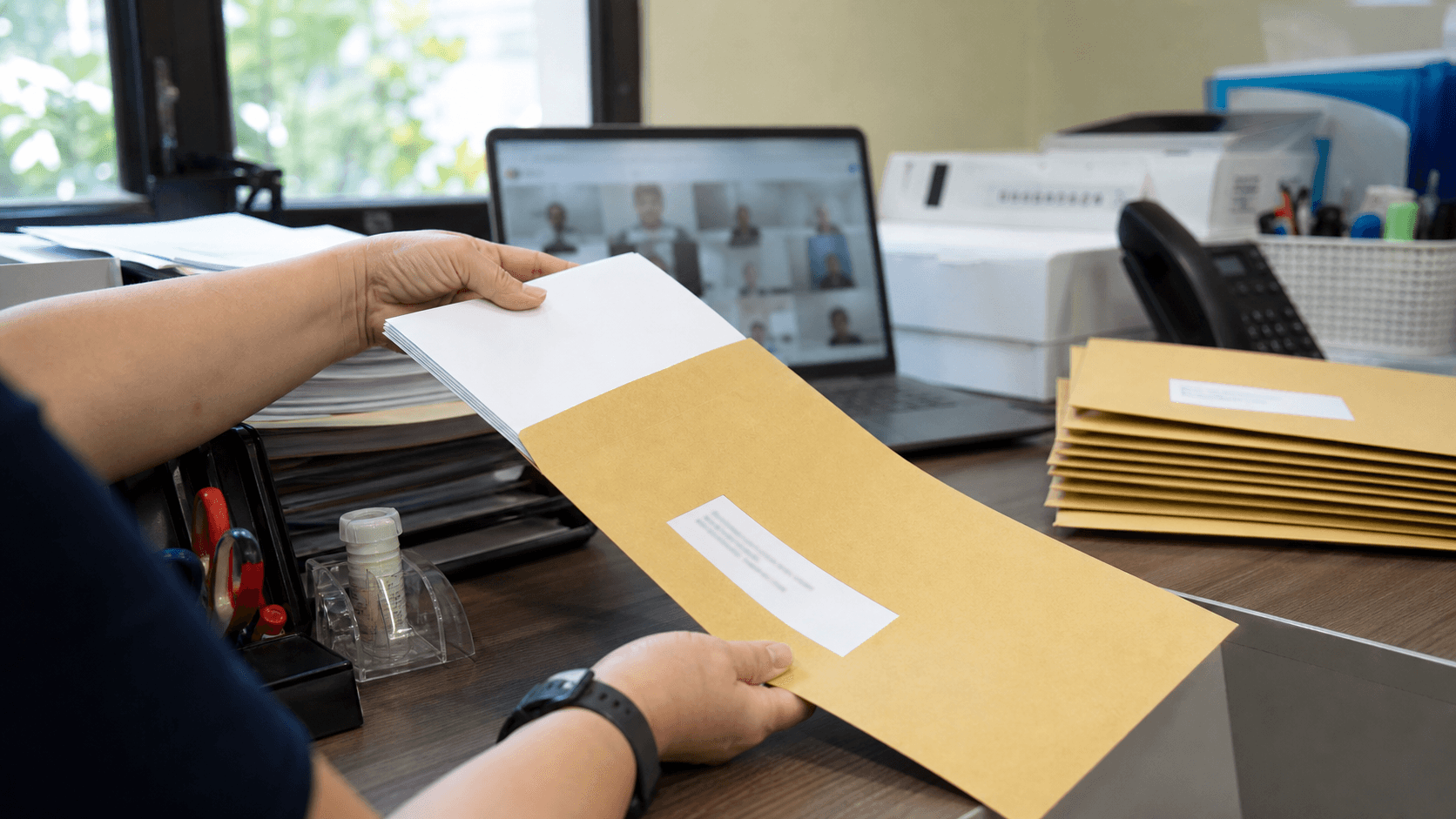 A4 MCST AGM notice being packed into a C4 envelope with an address label