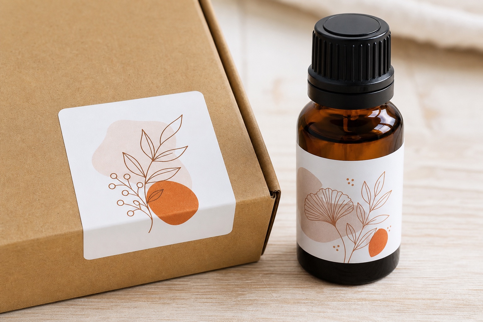 Mirrorkote branding sticker on a kraft box beside a PP label on an essential-oil bottle