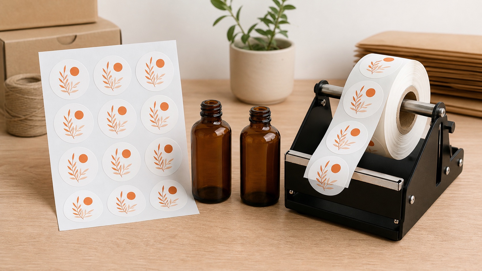 Kiss-cut sticker sheets and roll labels at an online seller's packing workstation