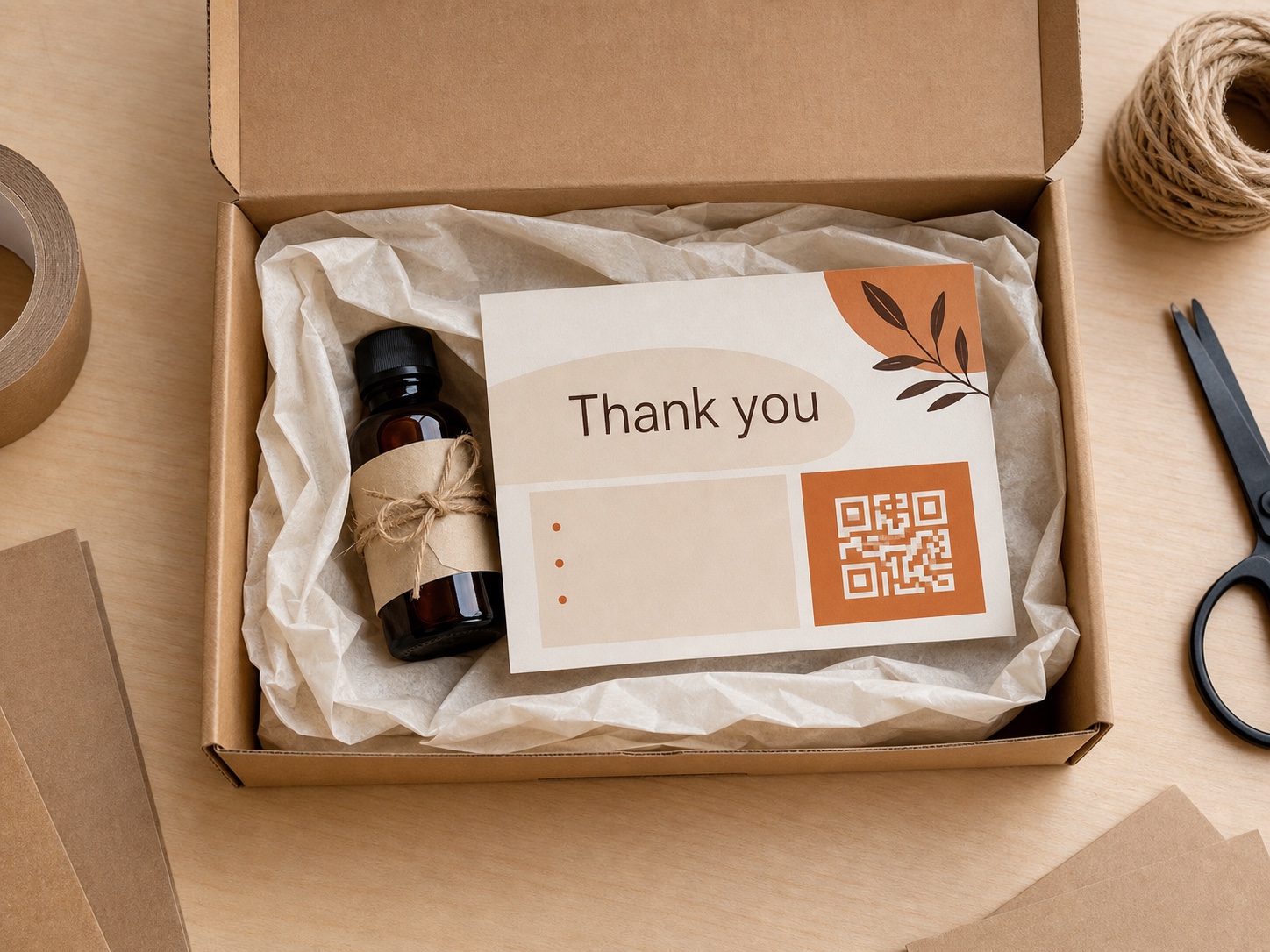 Printed thank-you and care card placed inside an online seller's parcel