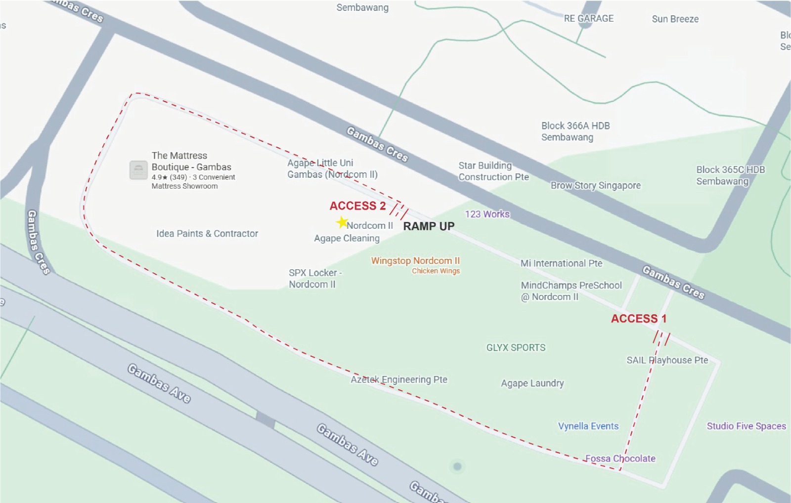 Map showing Access 1, Access 2 and the ramp to Orange Print at Nordcom 2