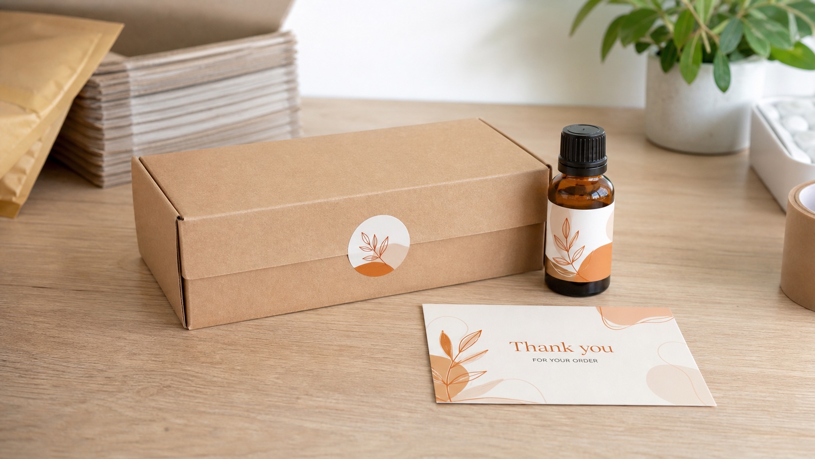 Online-seller packaging with a branding sticker, PP bottle label and thank-you card