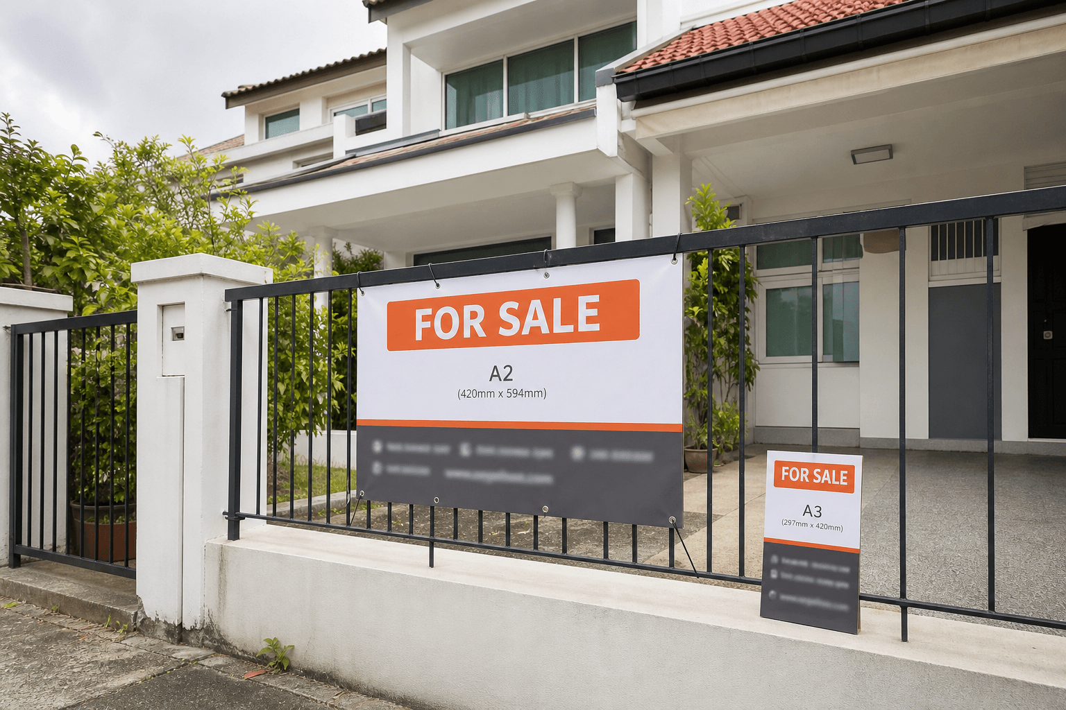 A2 property sale banner mounted on the boundary fence of a Singapore landed home with an A3 sample